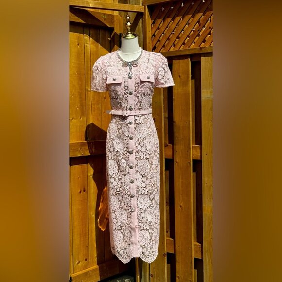 🆕 SELF-PORTRAIT 🧿 BNWOT Pink Lace Diamante Bow Midi Dress, Sz US 4 / UK 8 - Picture 3 of 16